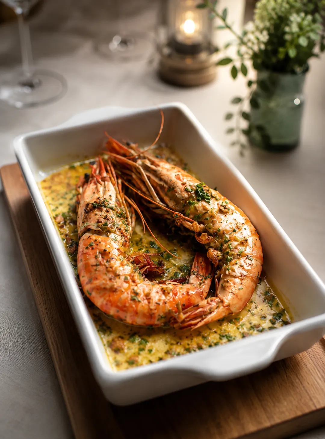 Sfeervol gedekte tafel bij kaarslicht met gambas in kruidenboter