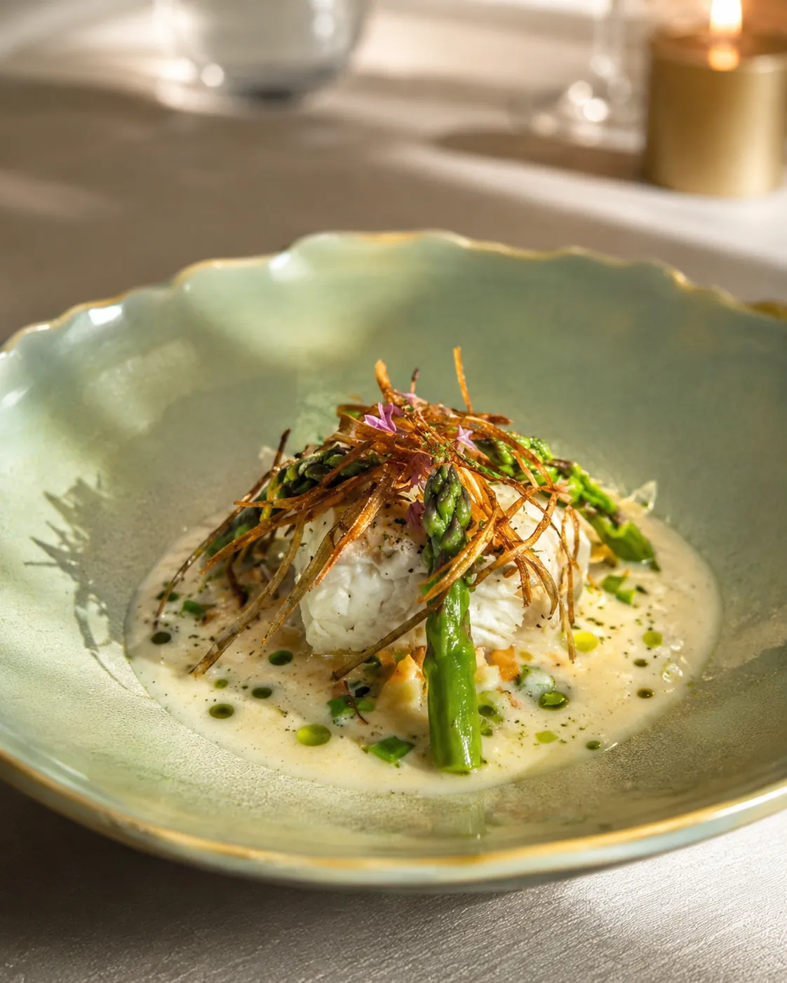 Kabeljauw met groene asperge, knapperige prei en beurre blanc