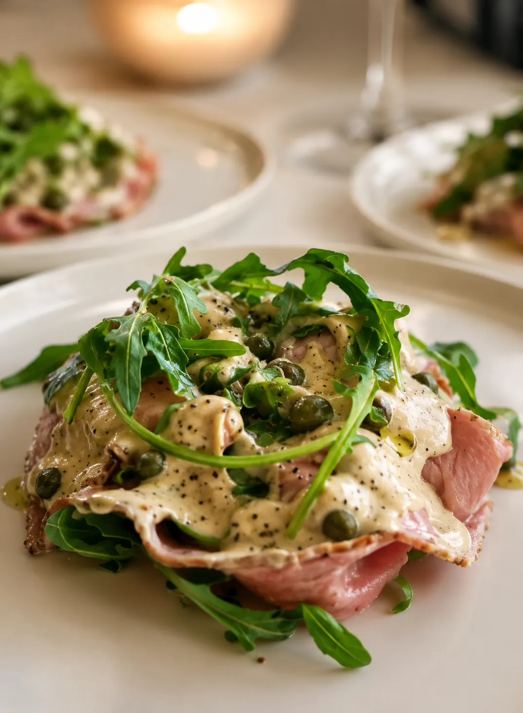 Vitello tonnato met rucola en kappertjes